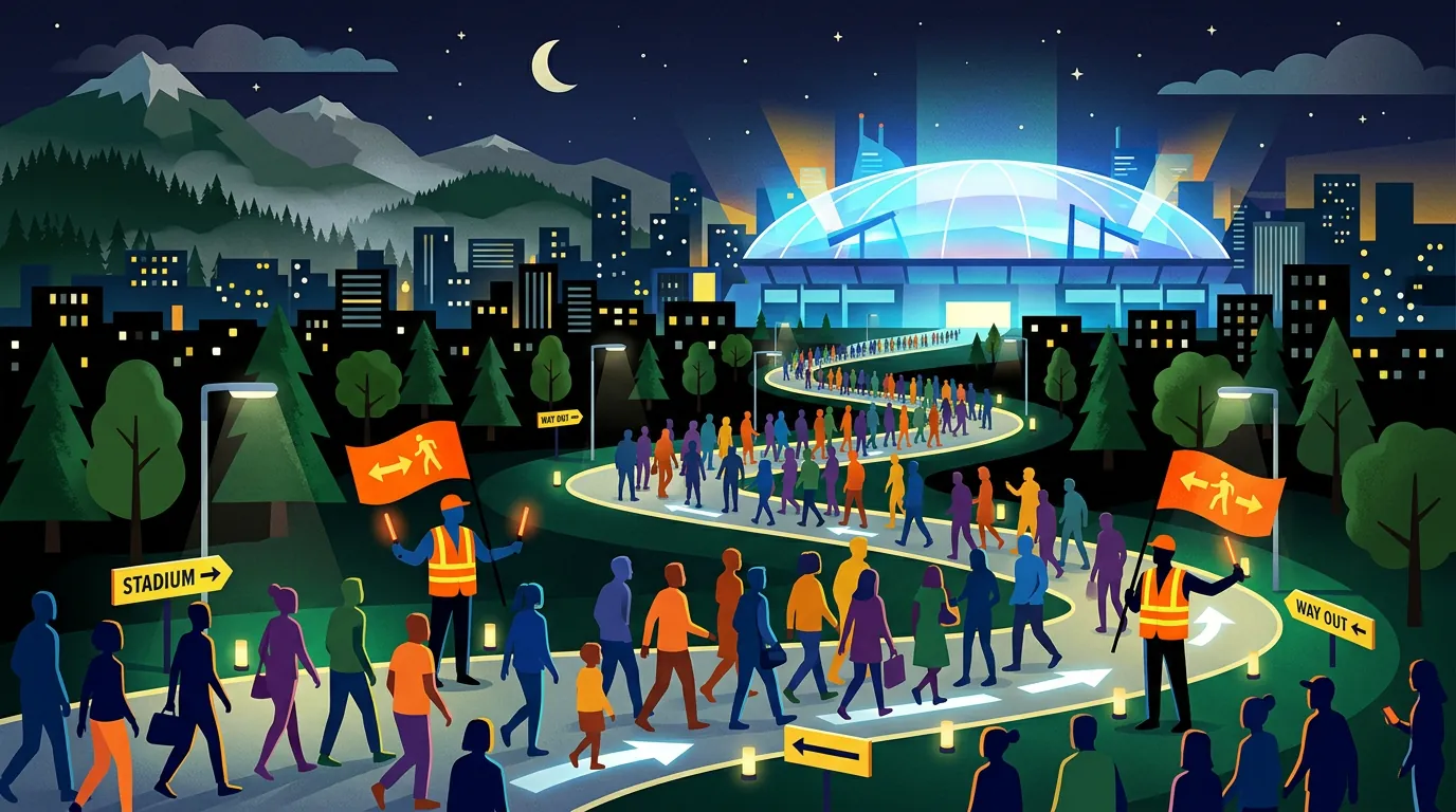 Illustration of fans following marked game trail routes toward BC Place stadium