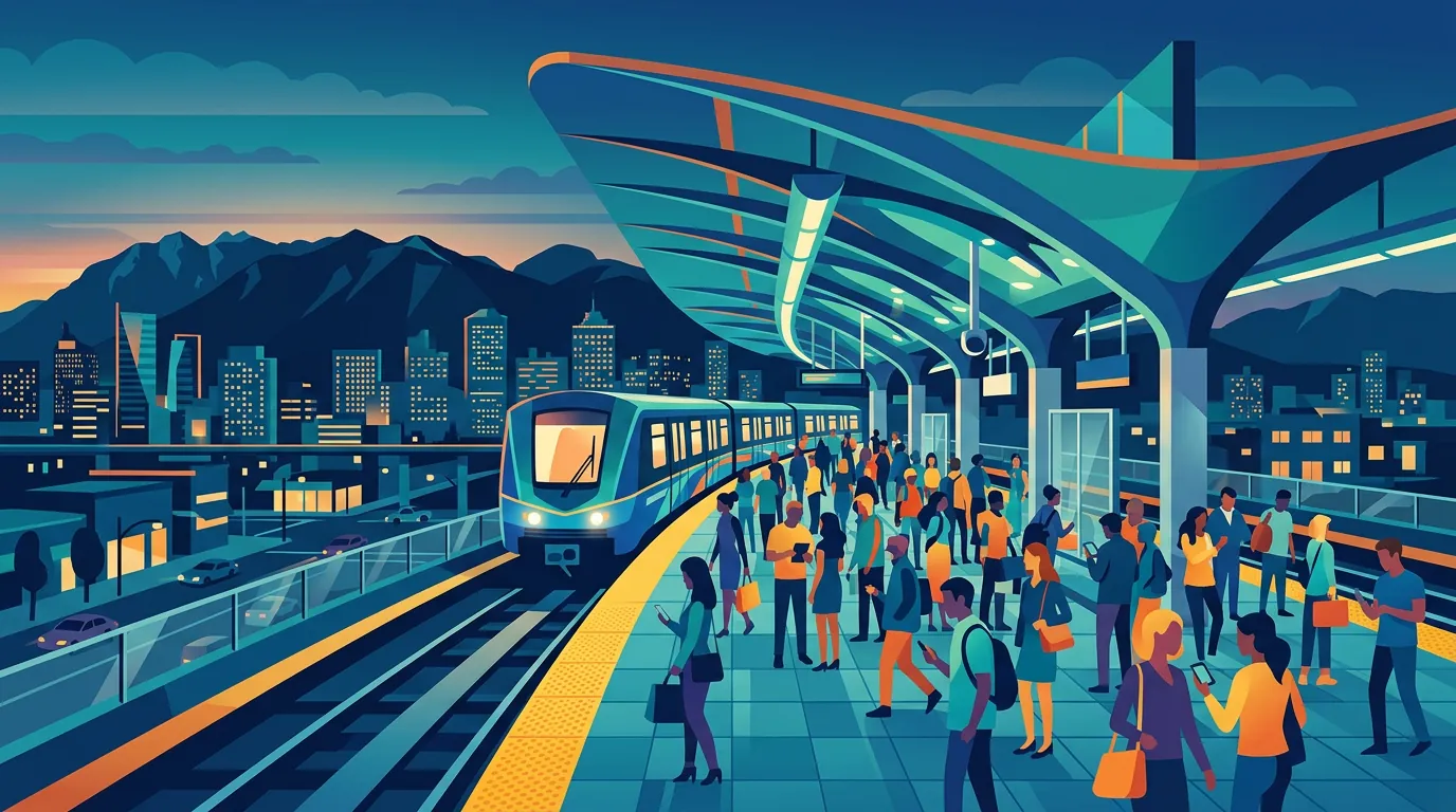 Stylized illustration of a Vancouver SkyTrain station during a World Cup match day