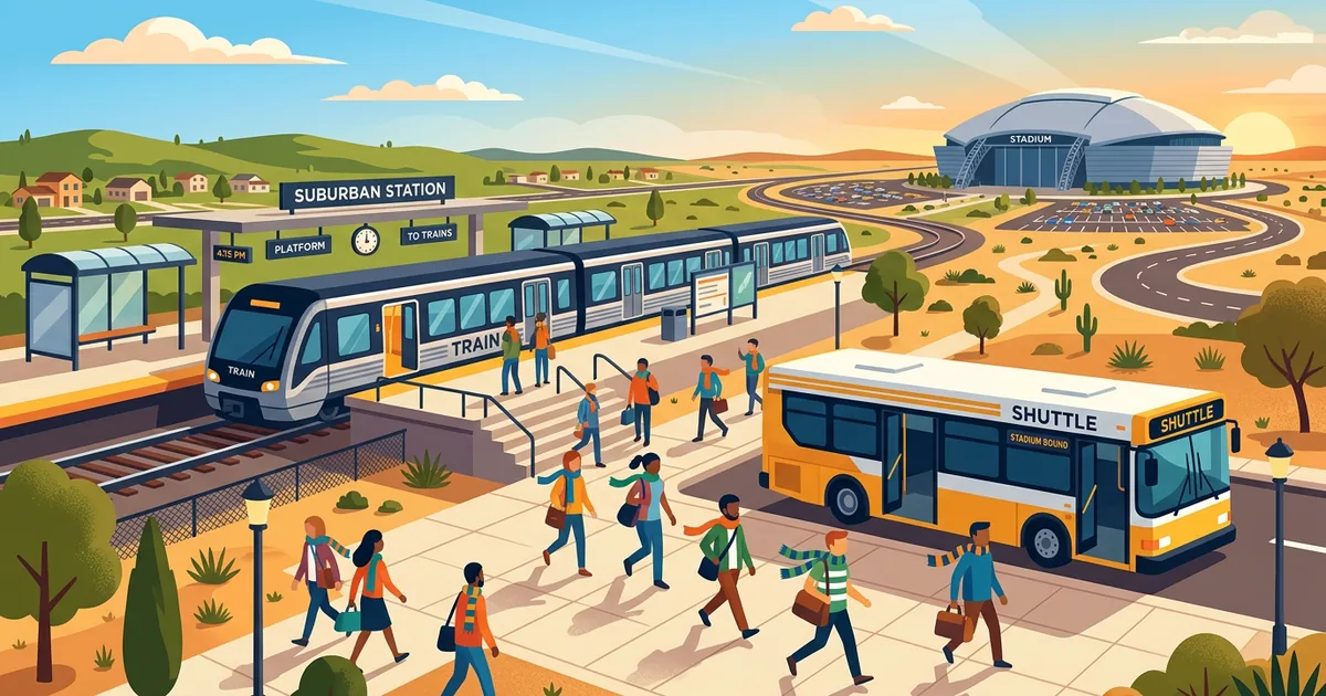 Conceptual illustration of shuttle transit to AT&T Stadium for World Cup 2026 — FootyGazette (AI-generated concept)