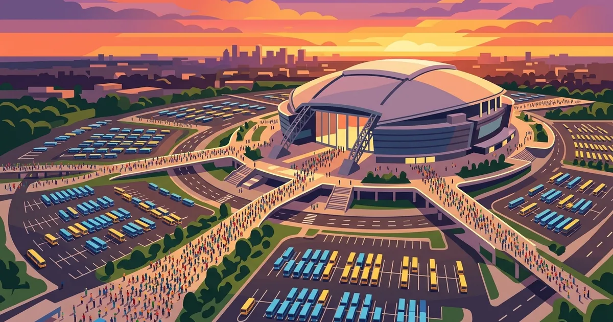 Conceptual illustration of AT&T Stadium Arlington aerial view with fan access routes for World Cup 2026 — FootyGazette (AI-generated concept)