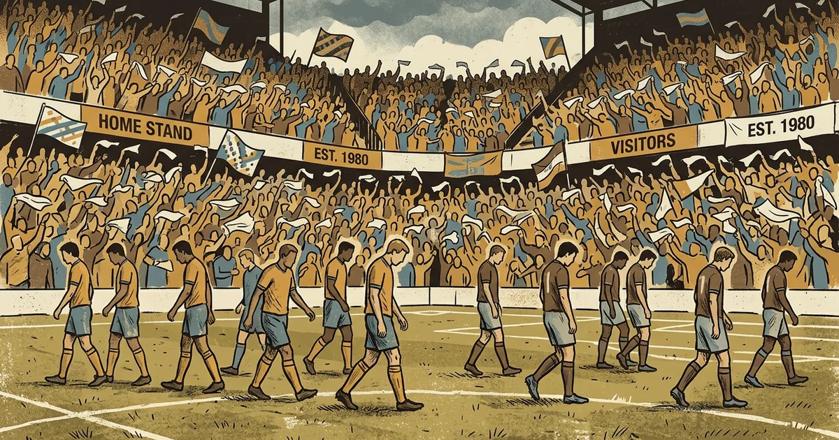 Conceptual illustration evoking the 1982 Disgrace of Gijón — FootyGazette (AI-generated concept)