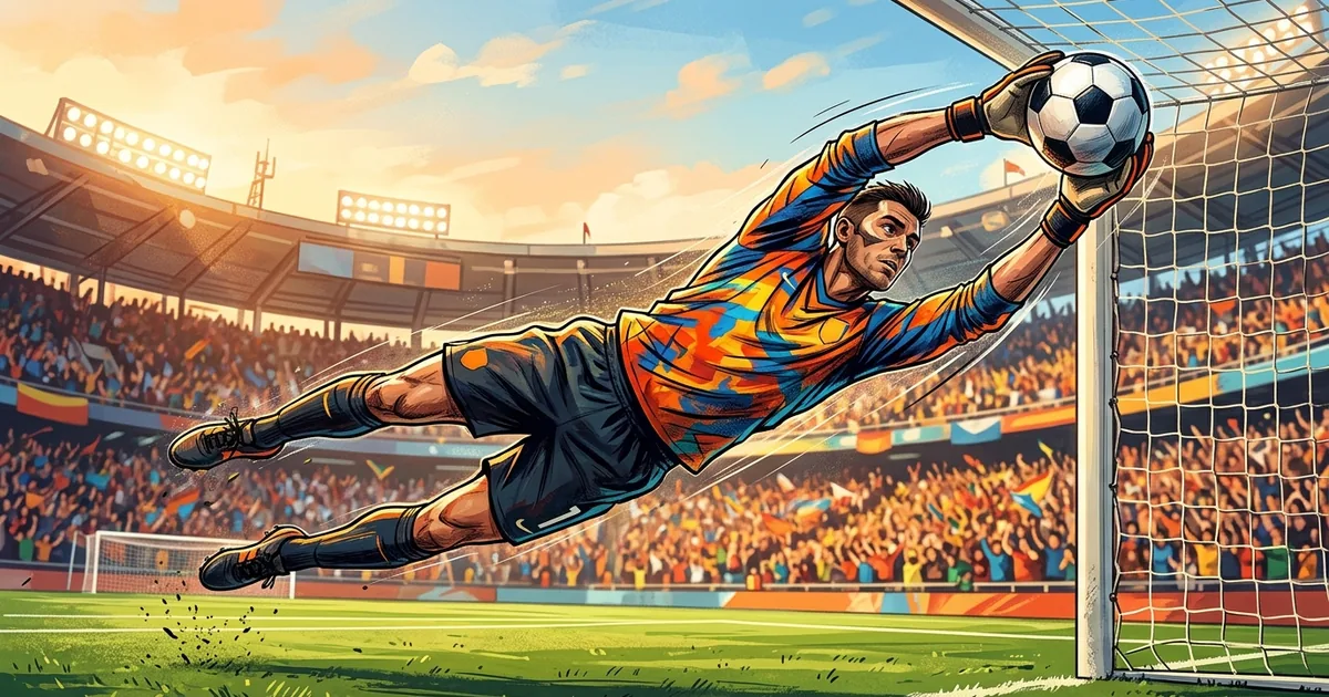Goalkeeper making a diving save at the 2026 World Cup — Illustration: FootyGazette (AI-generated concept)