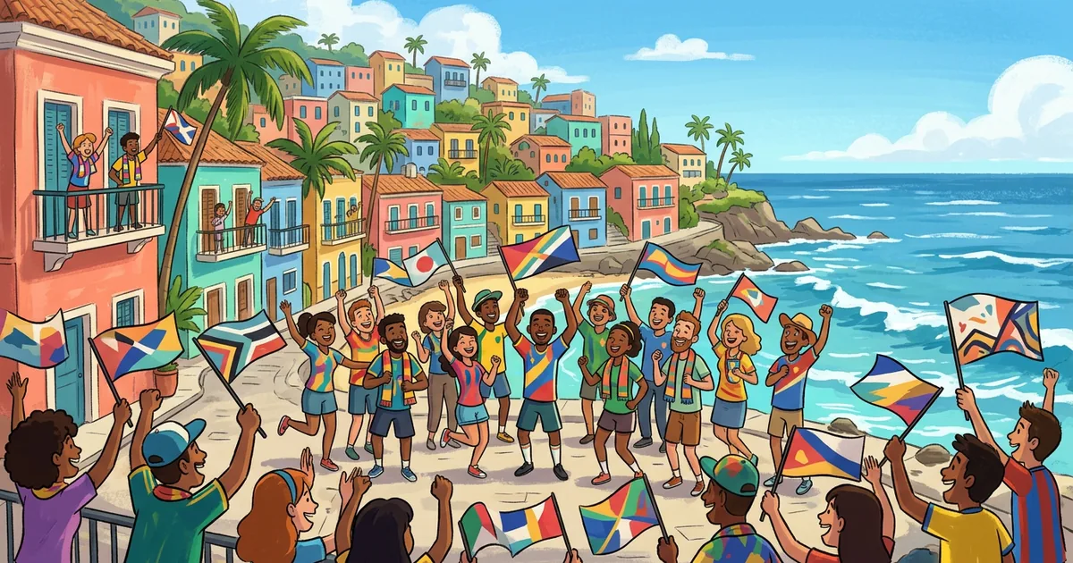 Fans celebrating World Cup qualification on a small Atlantic island — Illustration: FootyGazette (AI-generated concept)