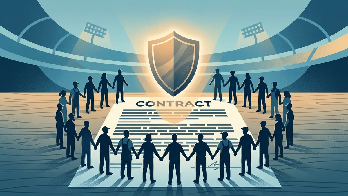 Abstract concept illustration of a labor contract with a protective shield, representing the SoFi stadium workers deal ice clause at World Cup 2026
