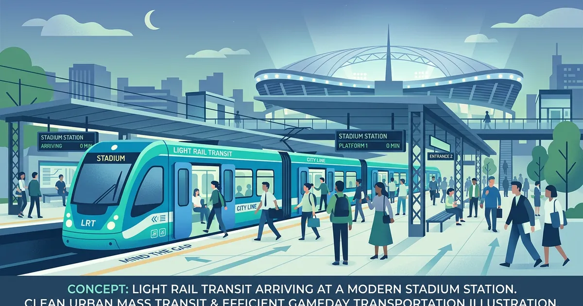 Conceptual illustration of light rail transit serving a World Cup stadium