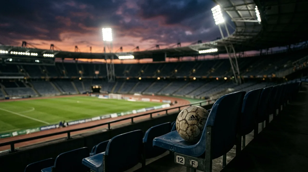 Football resting on an empty stadium seat at dusk, World Cup 2026 visa-denial coverage