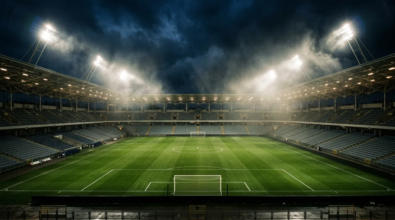 Dramatic floodlit football stadium at night, World Cup 2026 opening week
